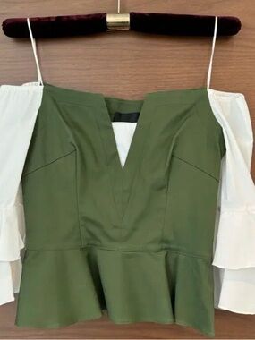 Intermix Olive Green Peplum Top with White Ruffle Off-Shoulder Sleeves Size L